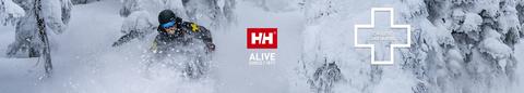 A man skiing with the Helly Hansen Logo in the centre of the image and the Choose like a Pro logo on the right.