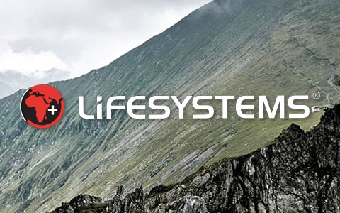 Lifesystems logo and a cliff edge in the background