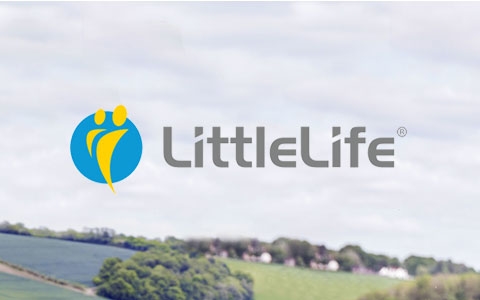 A man is carrying one child  in a LittleLife carrier on his back while another child is holding his hand and a woman is holding dog's lead, walking through fields on a cloudy day, with the littlelife logo in the center.
