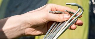 Hand holding tent pegs