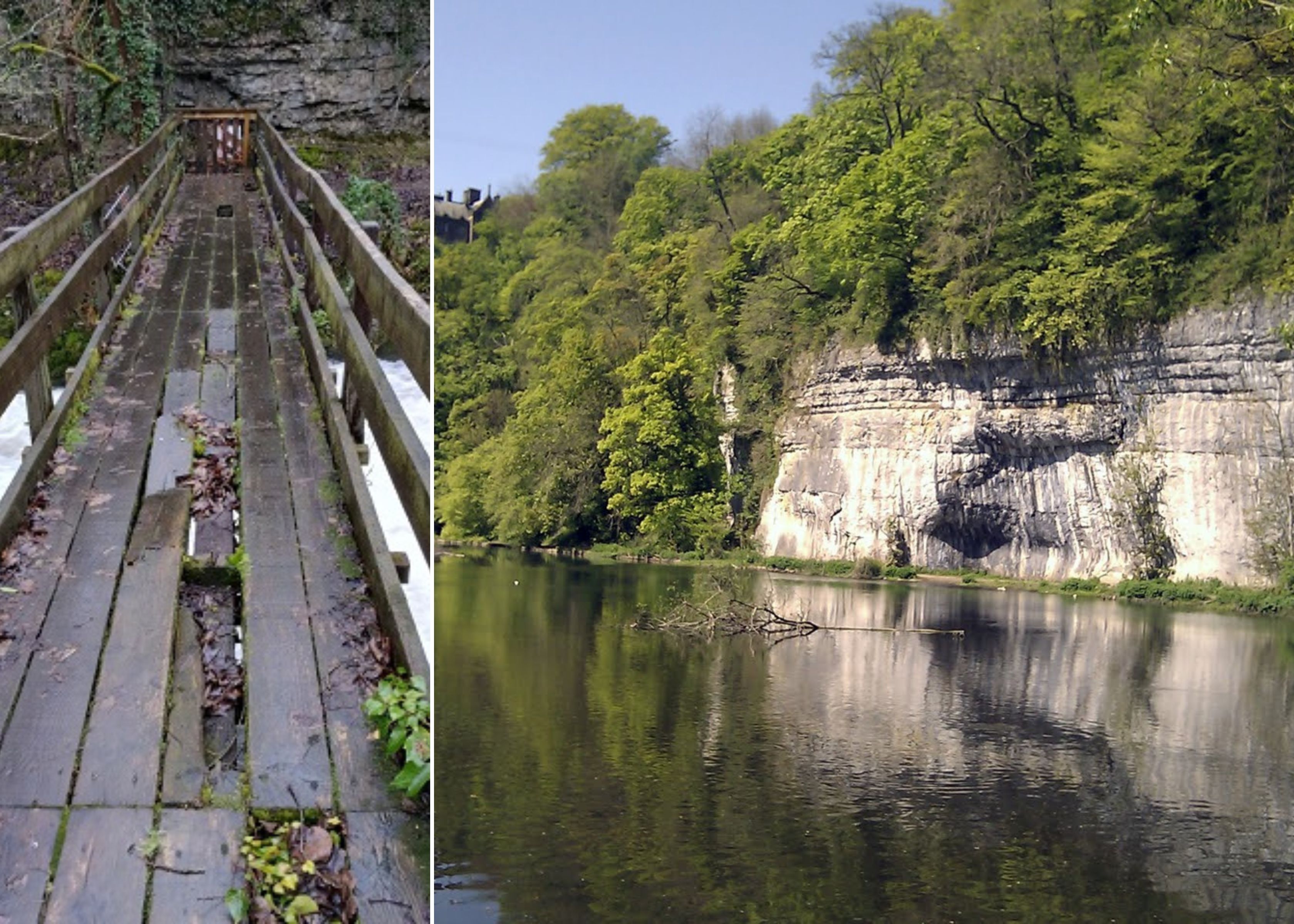 A picture of a broken bridge and a cliff 