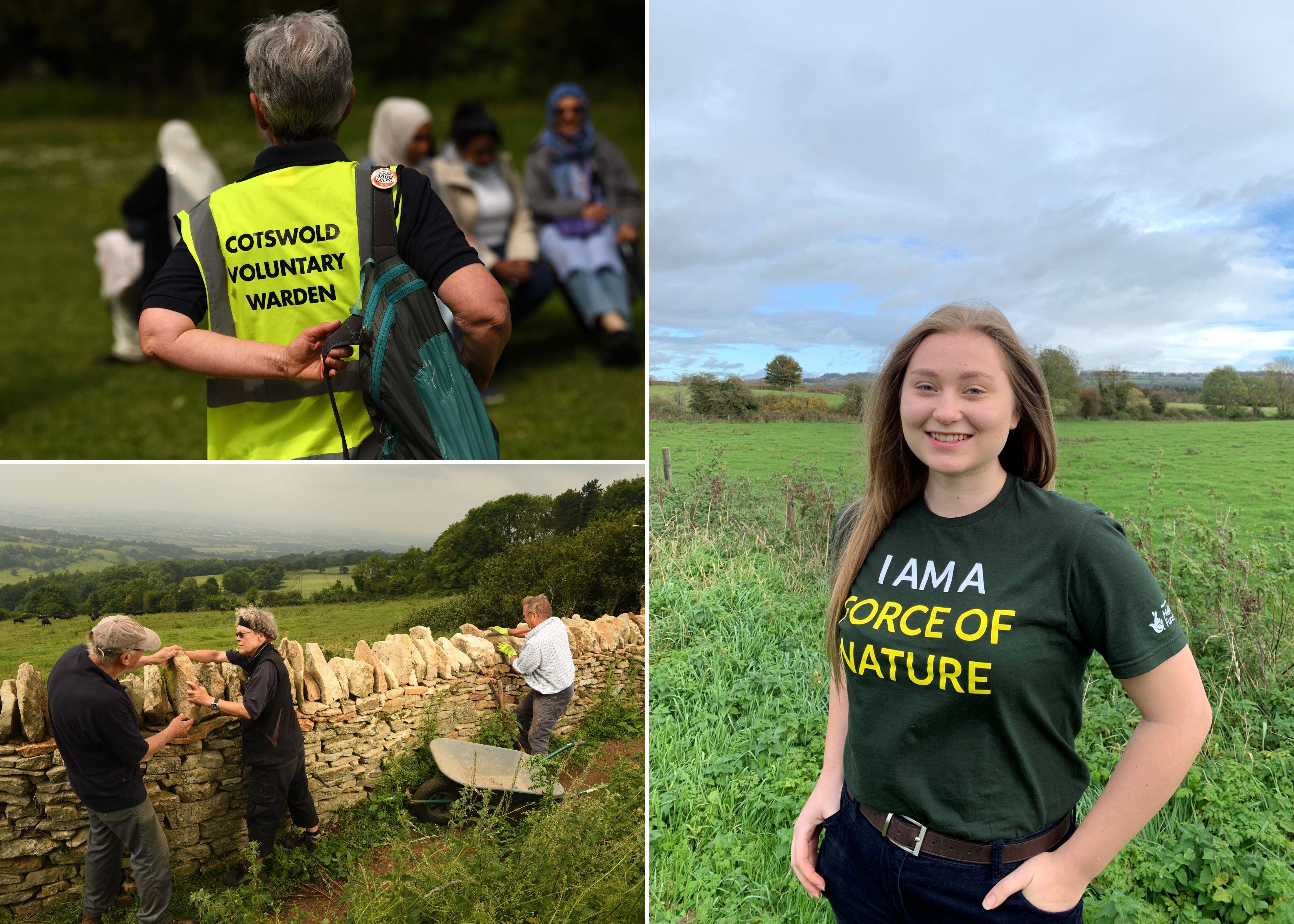 A collage of people volunteering in the countryside