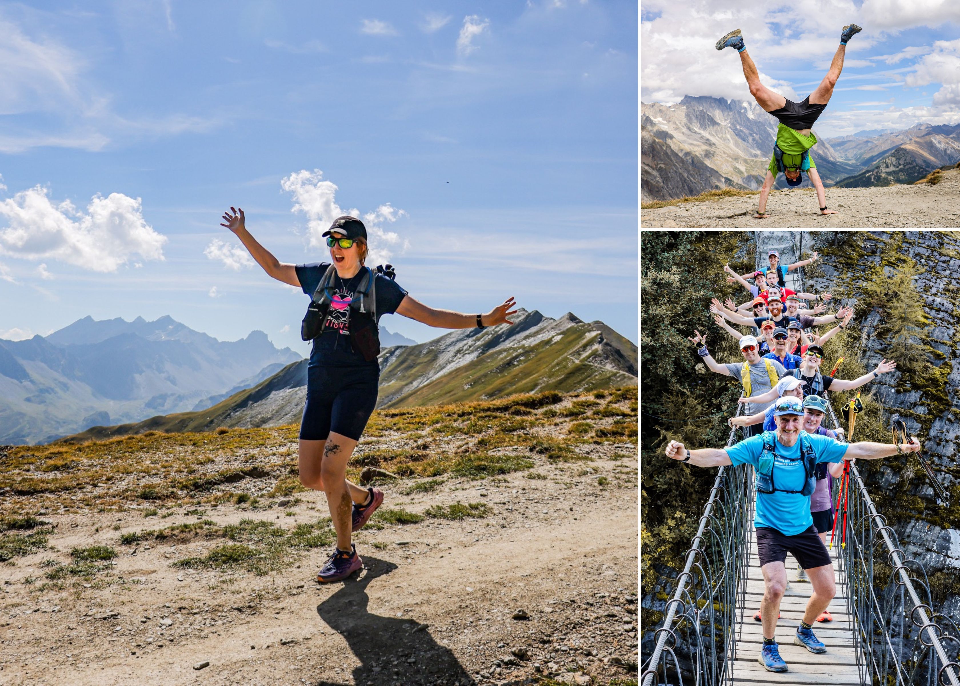A collage of people walking throug the mountains and over a revene bridge