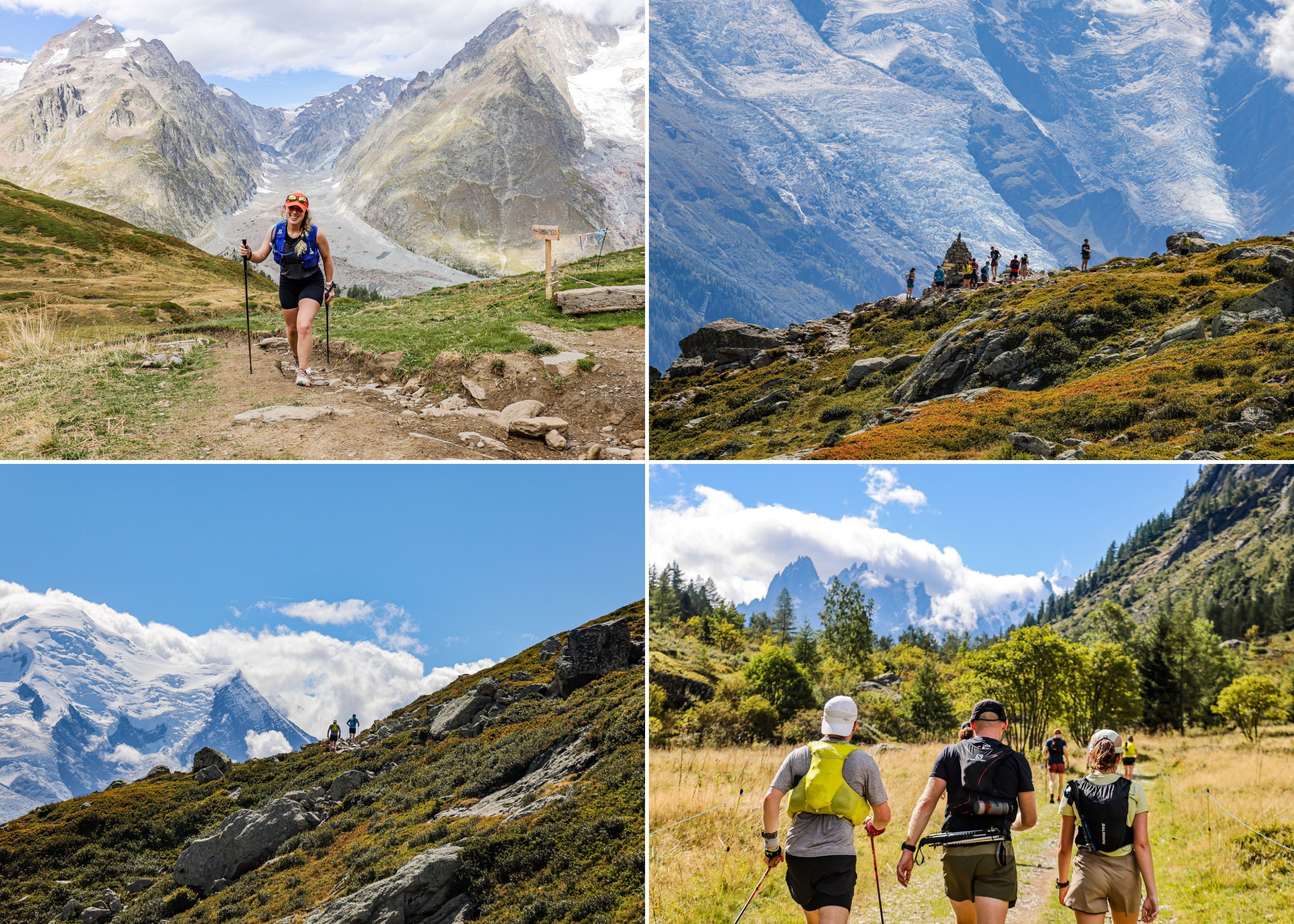 A collage of people walking in the mountains
