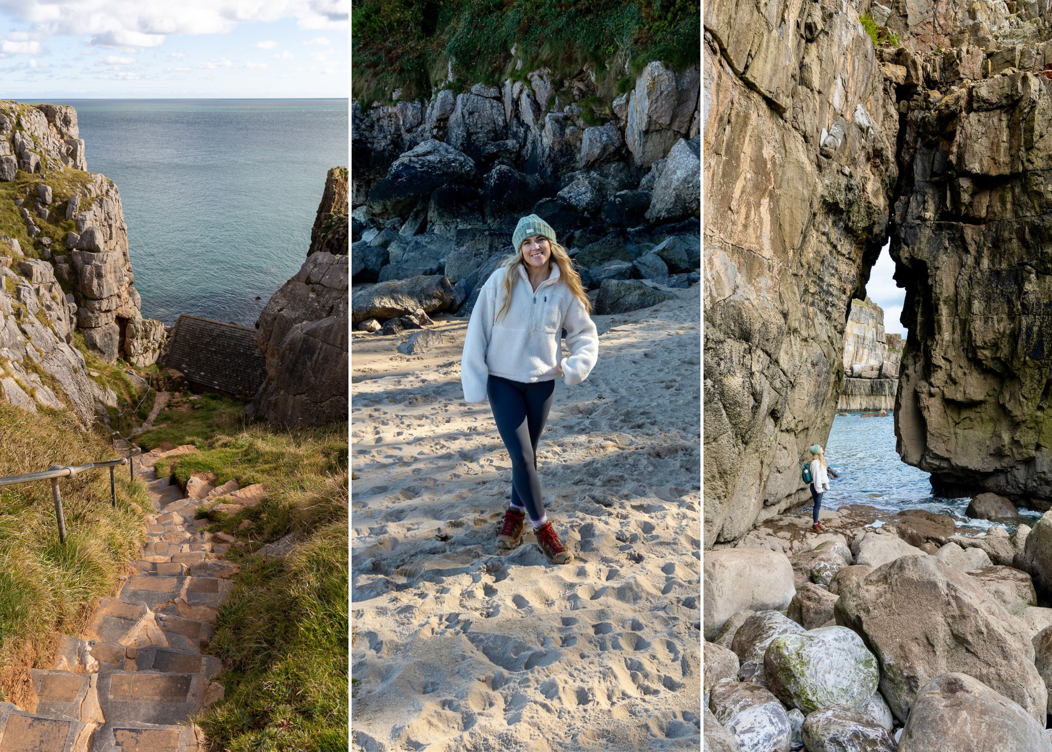 Elle is pictured in coastal landscapes dressed in a cream The North Face pile jacket