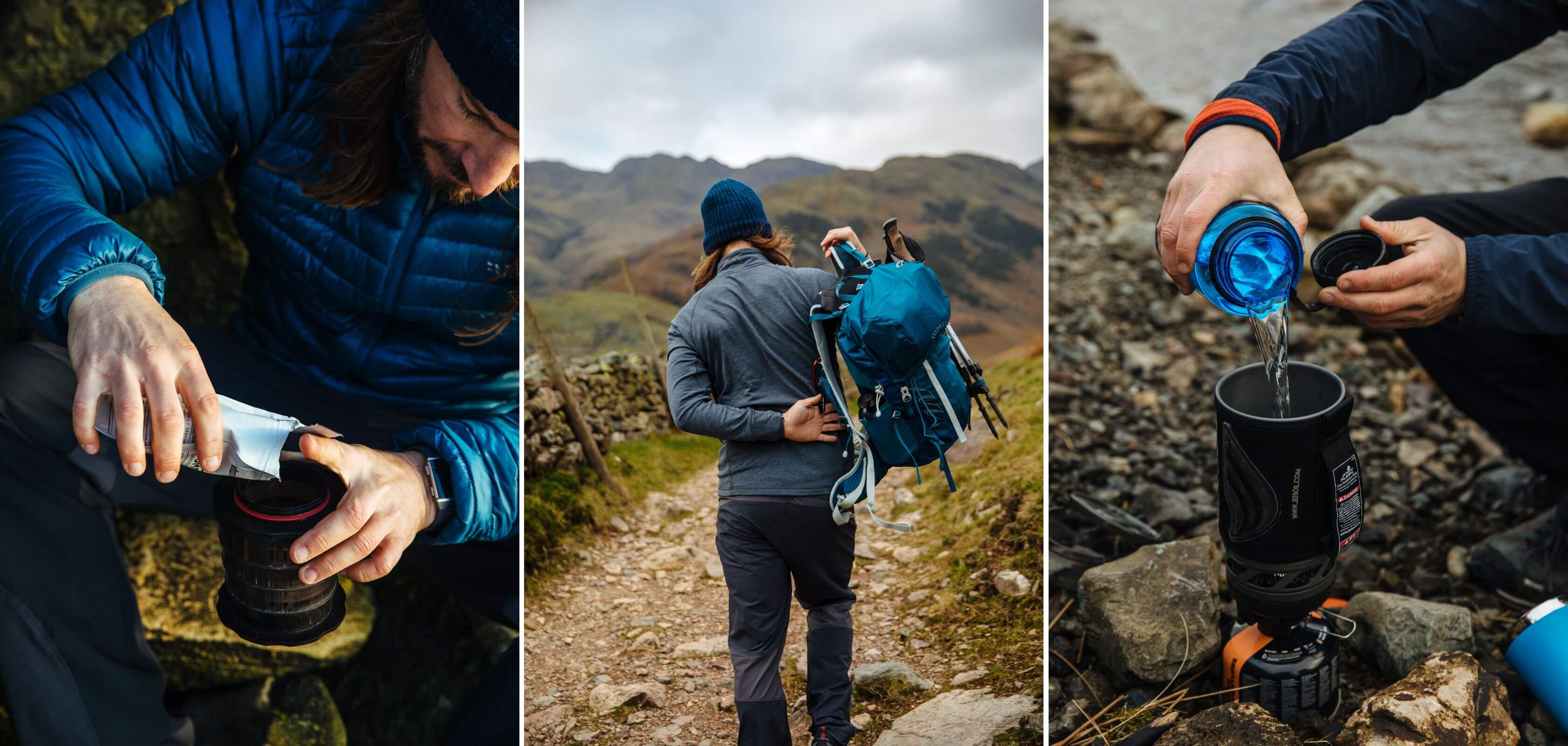 A collage of a man camping and using camping equipment 