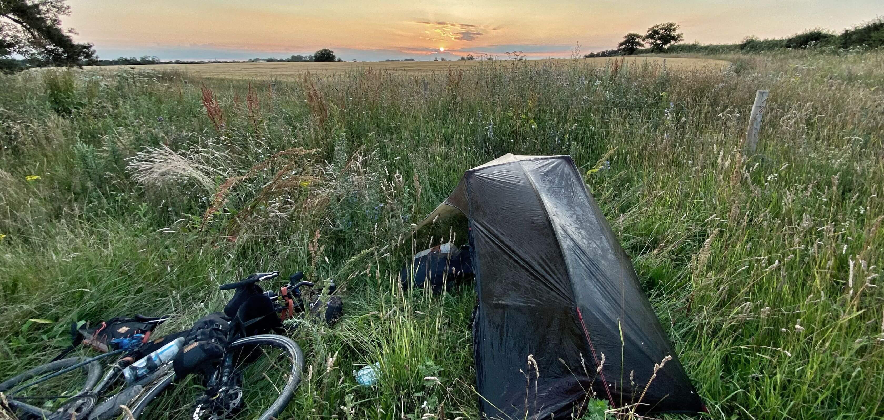 A tent and a bike in a field of grass with a sunset
