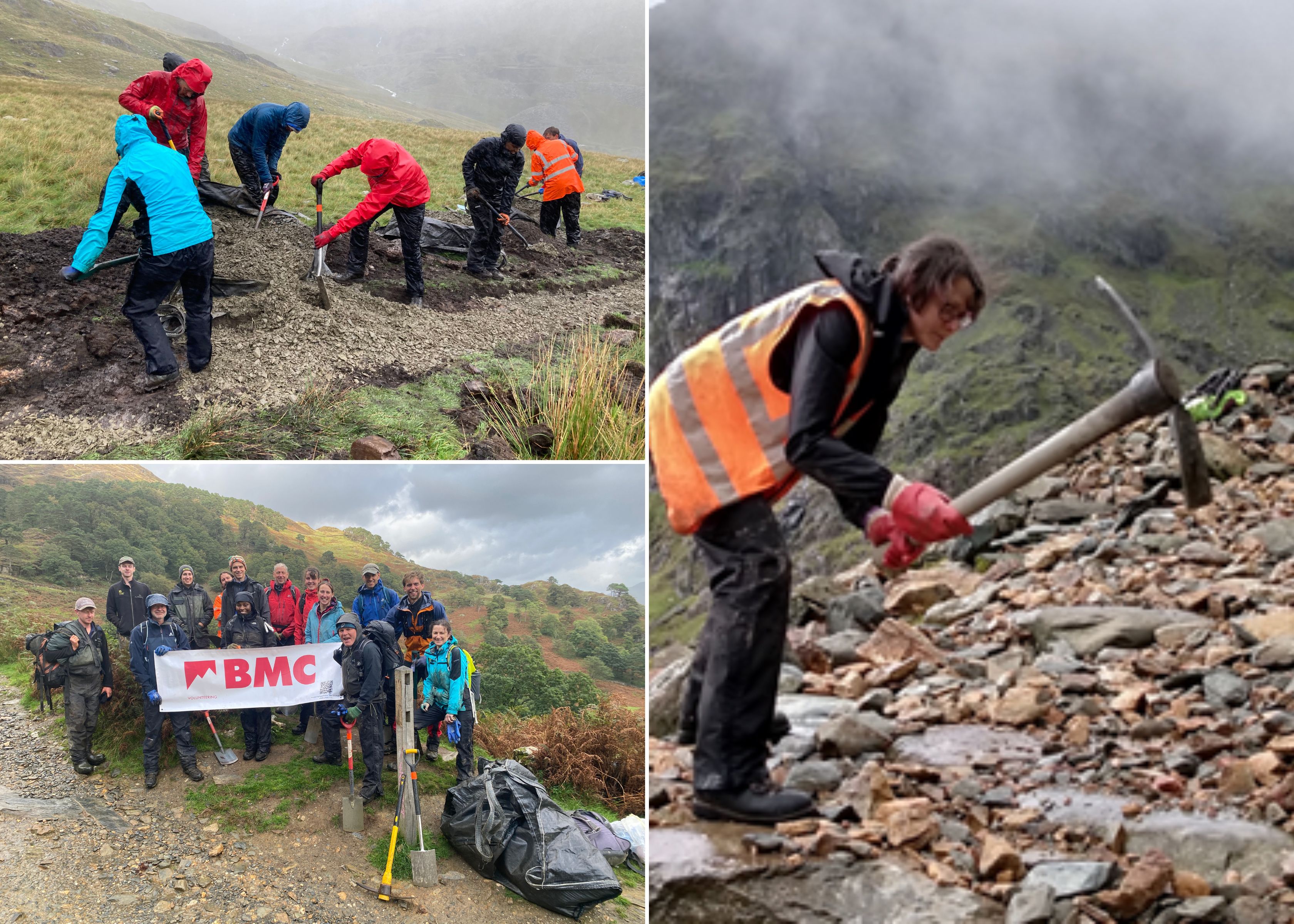A collage of people working to repair a mountain path
