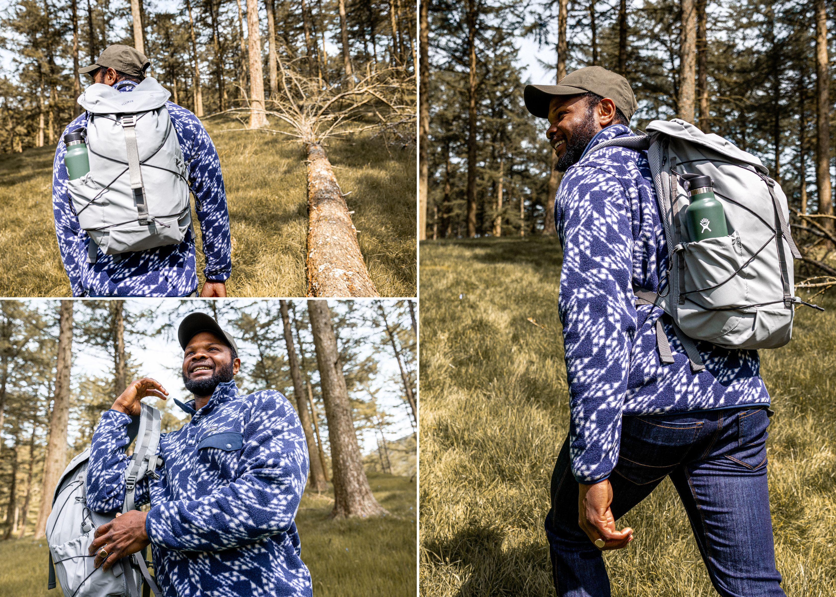 Different shots of man, Josh, walking in the forest wearing a bright coloured fleece