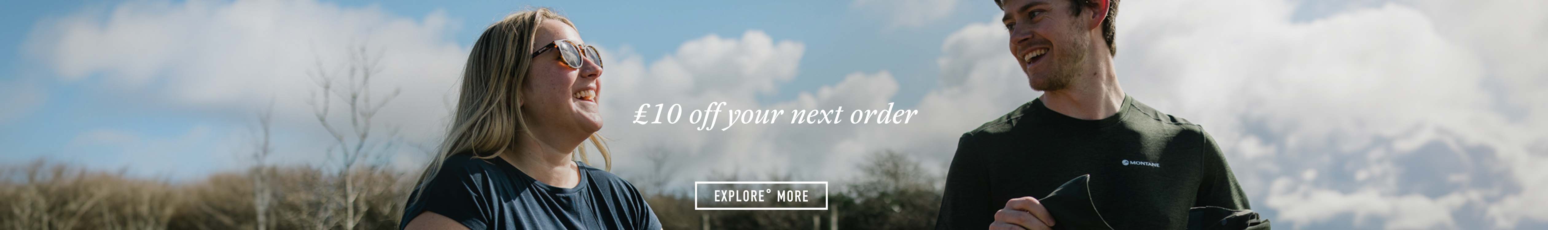 £10 off your next order - Two people are laughing and enjoying outdoors