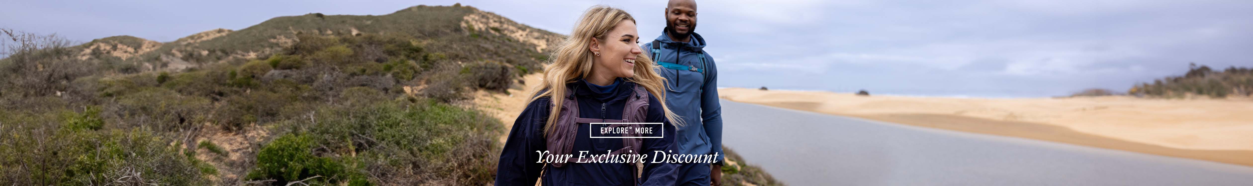 £10 or £20 off your next order - Two people are hiking and enjoying outdoors